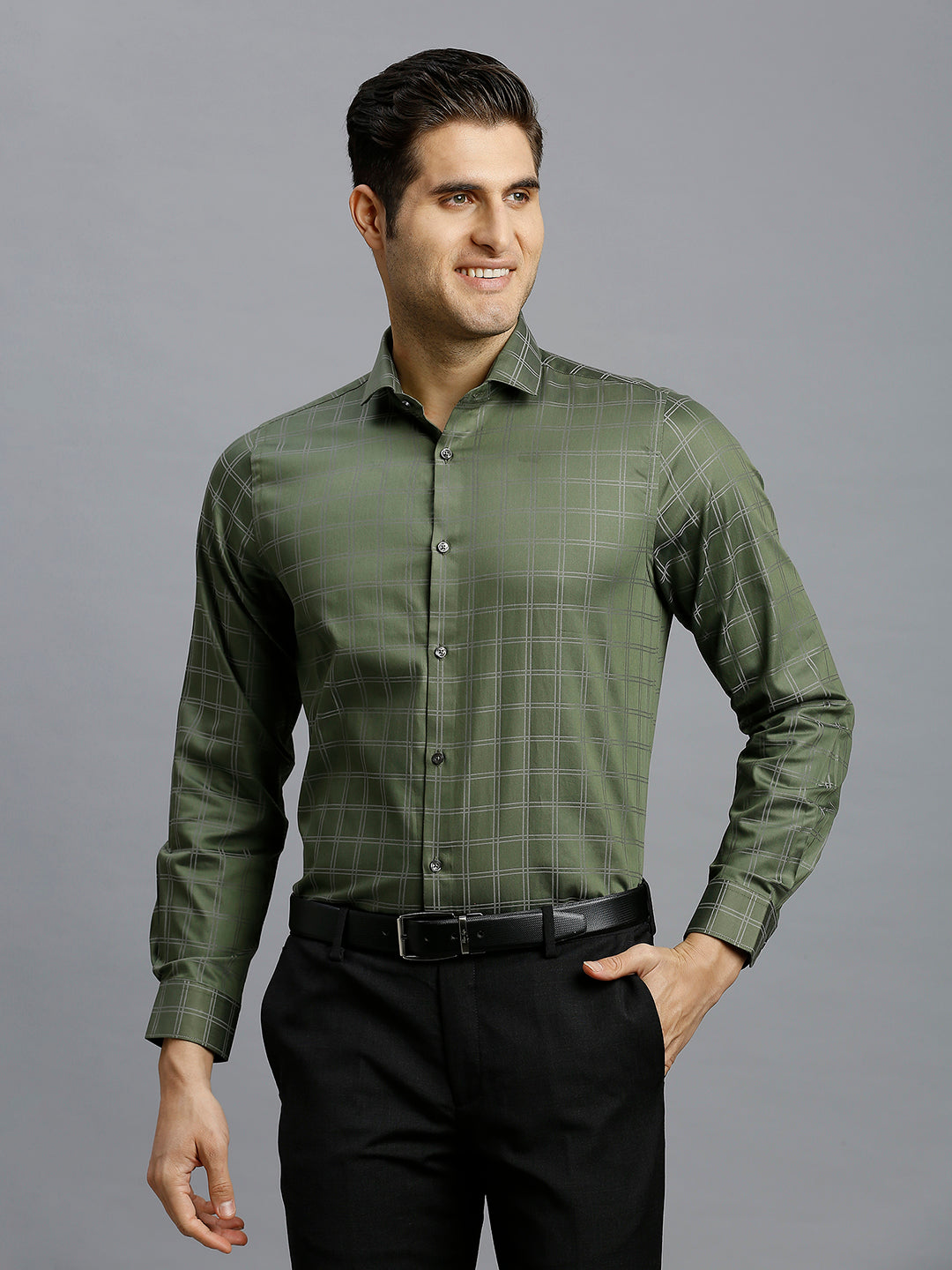 Olive Checks 100% Cotton Slim Fit Formal Full Sleeve Shirt
