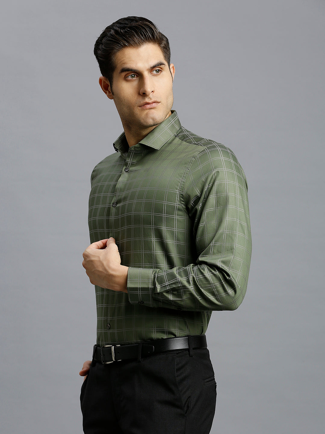 Olive Checks 100% Cotton Slim Fit Formal Full Sleeve Shirt