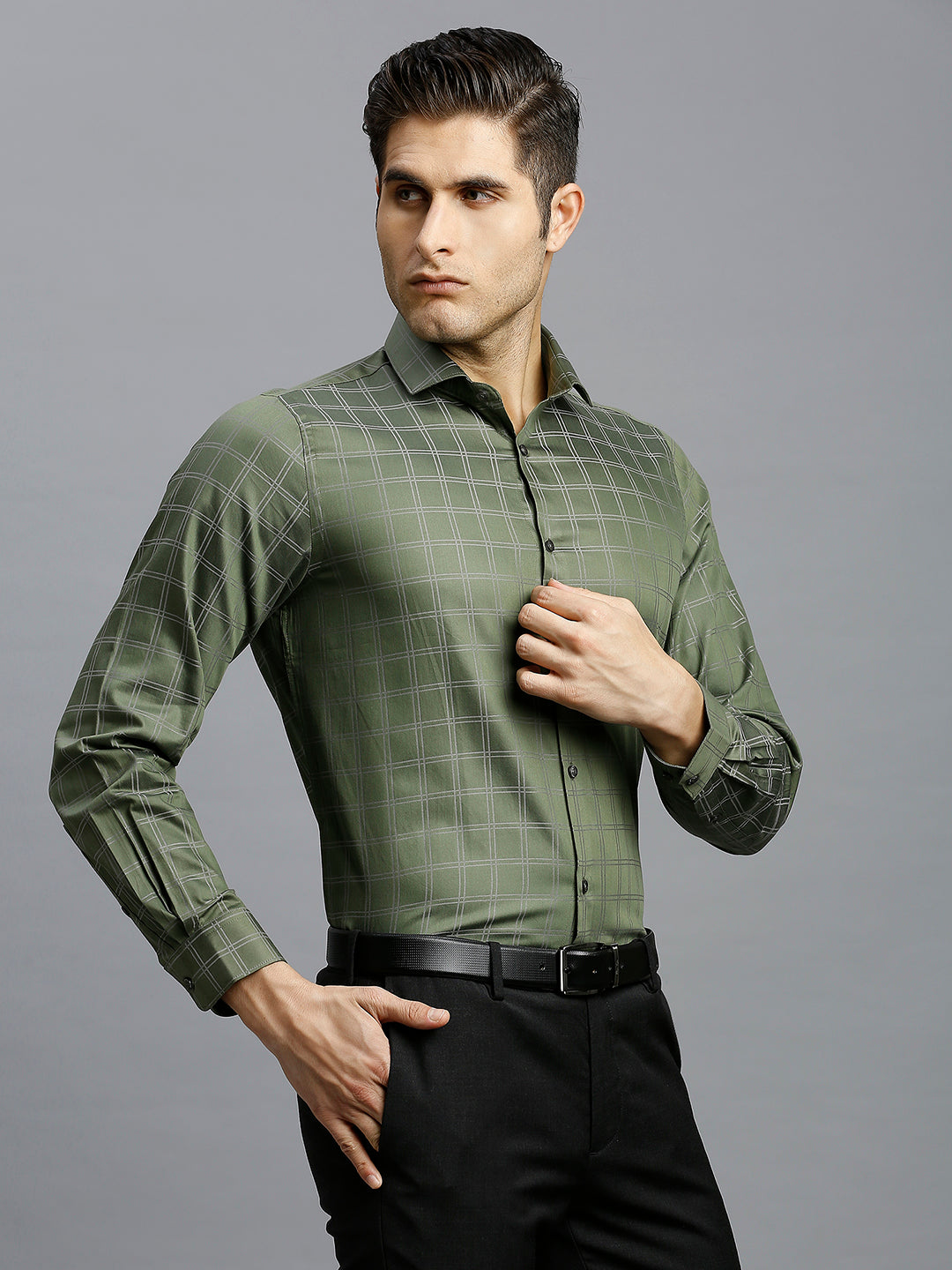Olive Checks 100% Cotton Slim Fit Formal Full Sleeve Shirt