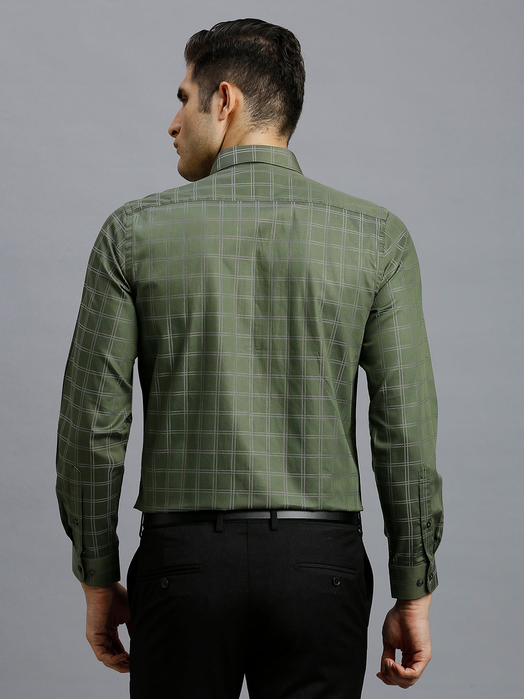 Olive Checks 100% Cotton Slim Fit Formal Full Sleeve Shirt