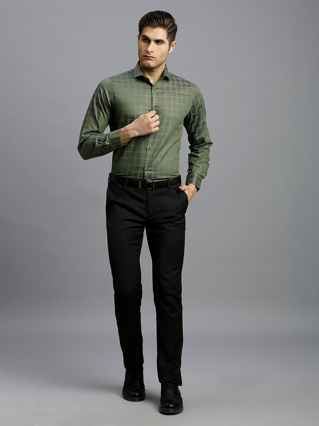 Olive Checks 100% Cotton Slim Fit Formal Full Sleeve Shirt