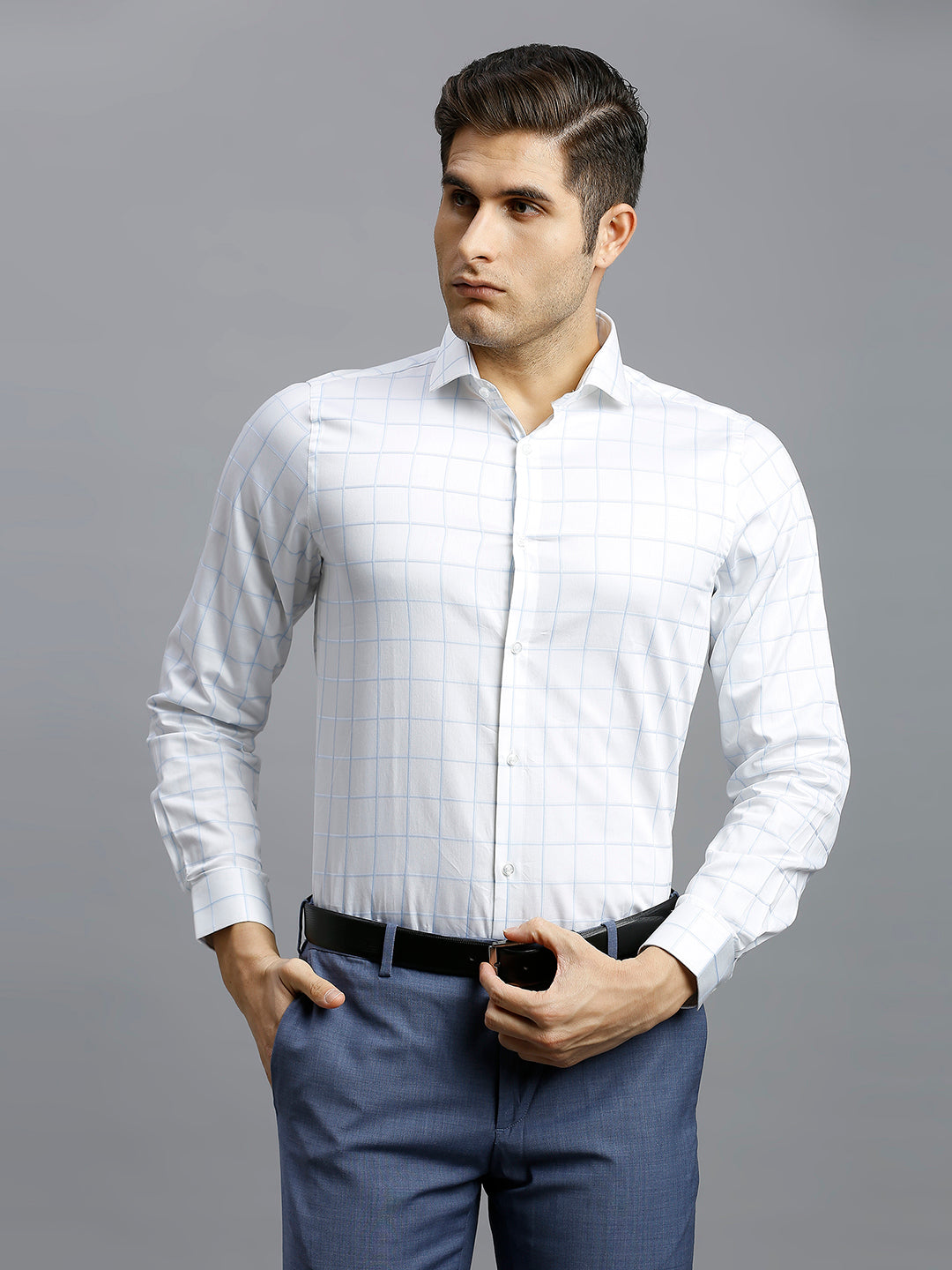 Polished White & Light Blue Checks 100% Cotton Slim Fit Formal Full Sleeve Shirt
