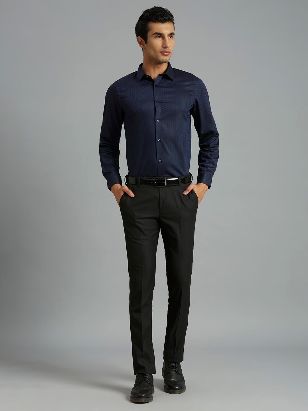 Dark Blue Solid 100% Cotton Slim Fit Formal Full Sleeve Shirt