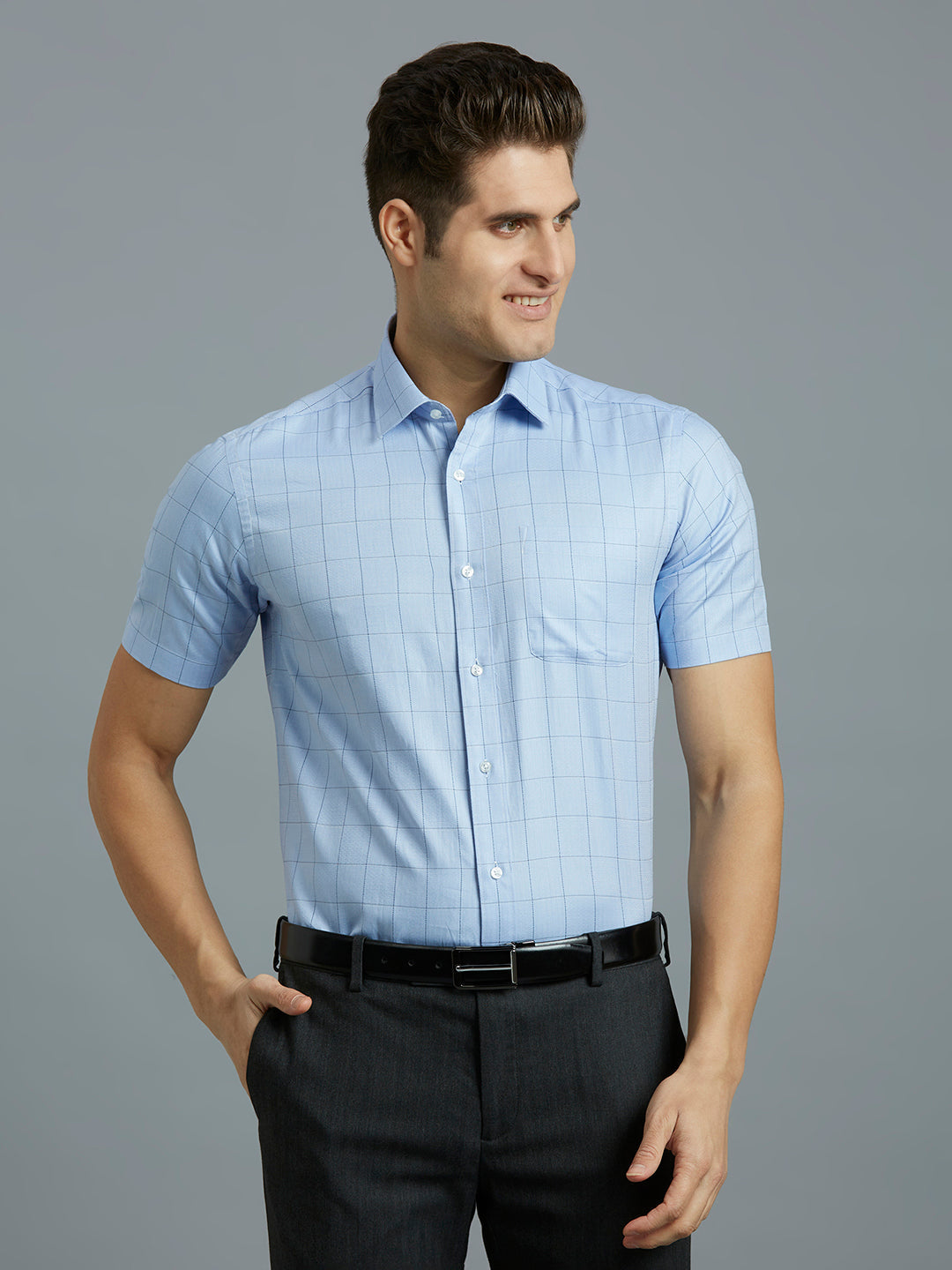 White & Dark Blue Dobby Checks 100% Cotton Regular Fit Formal Half Sleeve Shirt