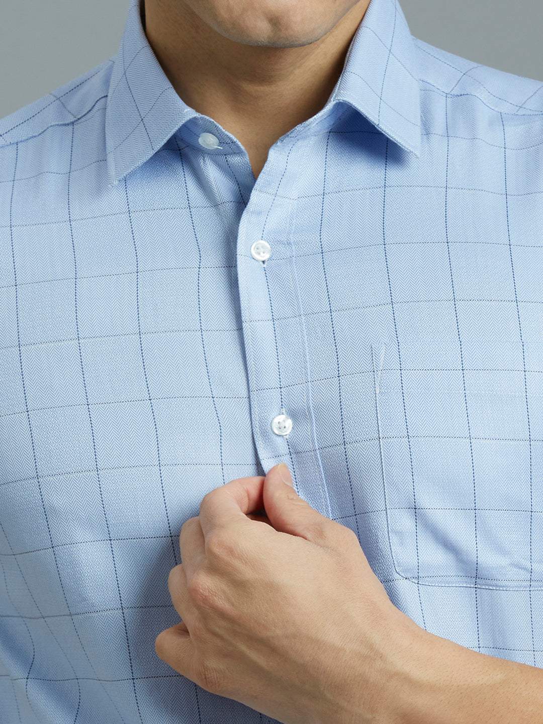 White & Dark Blue Dobby Checks 100% Cotton Regular Fit Formal Half Sleeve Shirt