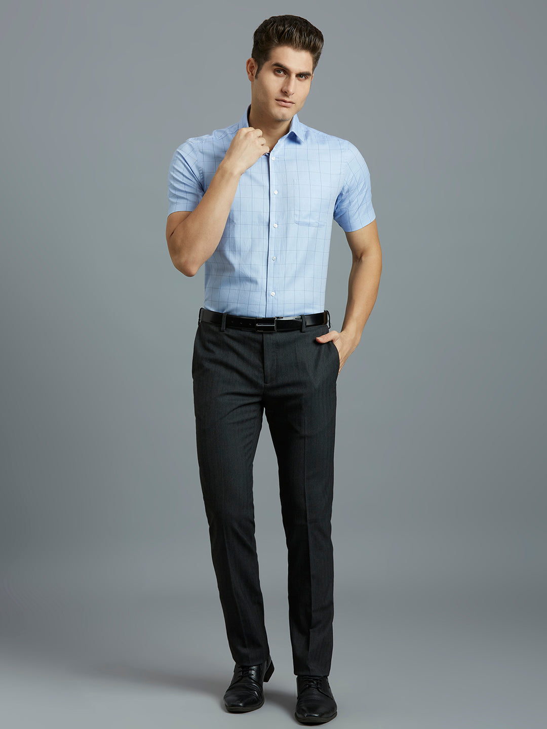 White & Dark Blue Dobby Checks 100% Cotton Regular Fit Formal Half Sleeve Shirt