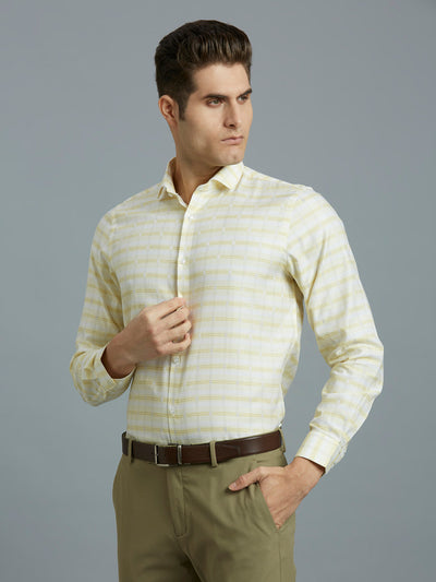 Men's Pure Cotton Checks Slim Fit Full Sleeve Formal Shirt - White & Brown