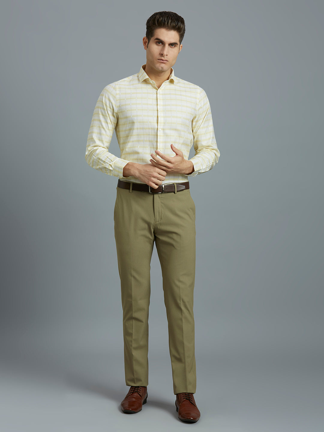 Cream & Brown Checks 100% Cotton Slim Fit Formal Full Sleeve Shirt