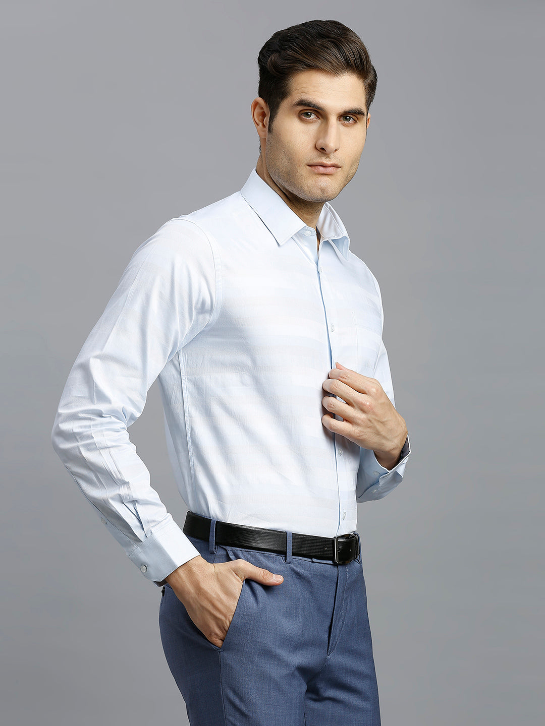 Light Blue Dobby Stripe 100% Cotton Regular Fit Formal Full Sleeve Shirt