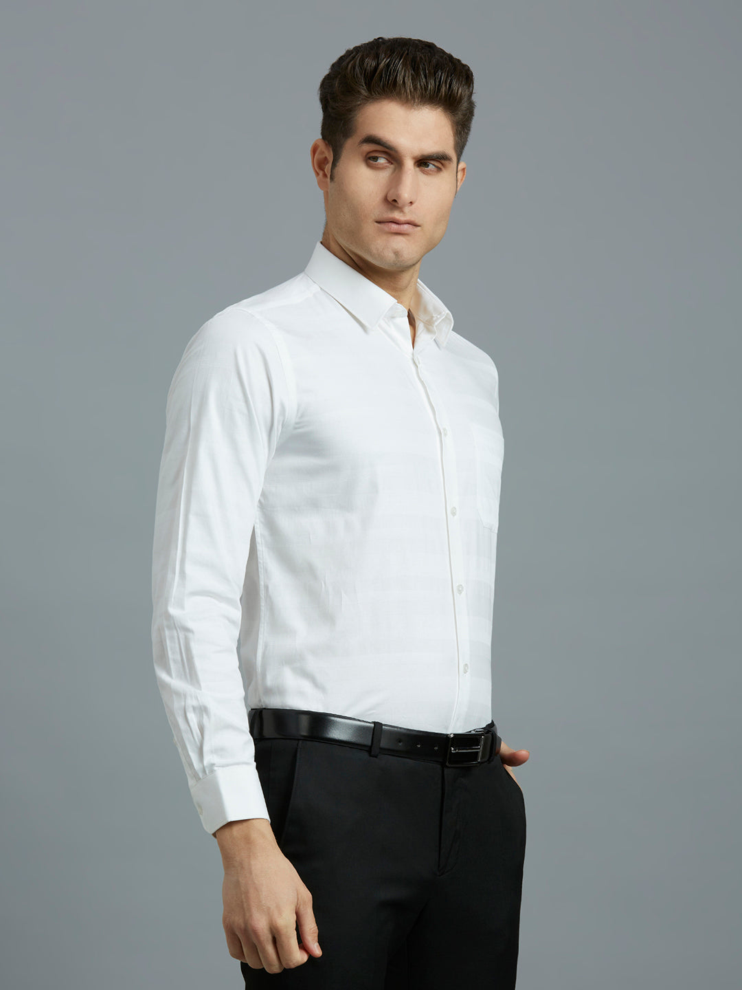 Light Grey Dobby Stripe 100% Cotton Regular Fit Formal Full Sleeve Shirt