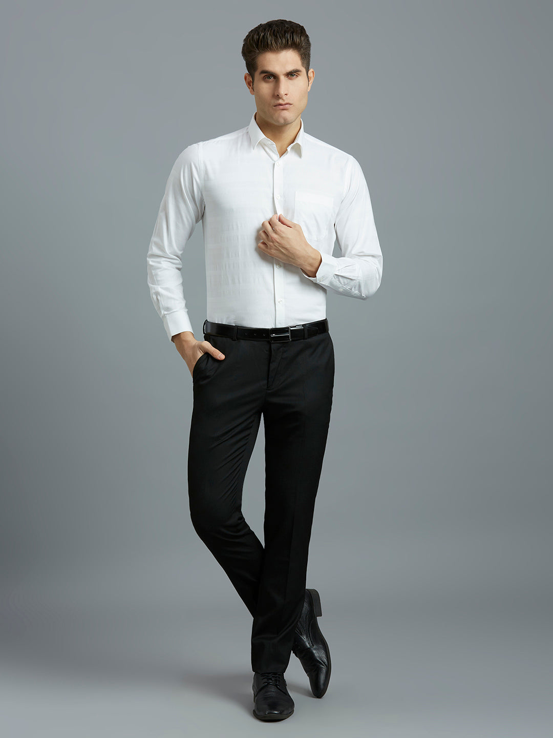 Light Grey Dobby Stripe 100% Cotton Regular Fit Formal Full Sleeve Shirt