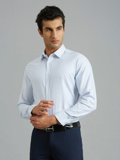 Men's Pure Cotton Checks Slim Fit Full Sleeve Formal Shirt - White & Blue
