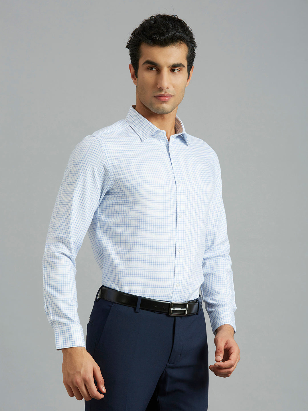 Premium White & Blue Checks 100% Cotton Slim Fit Formal Full Sleeve Shirt