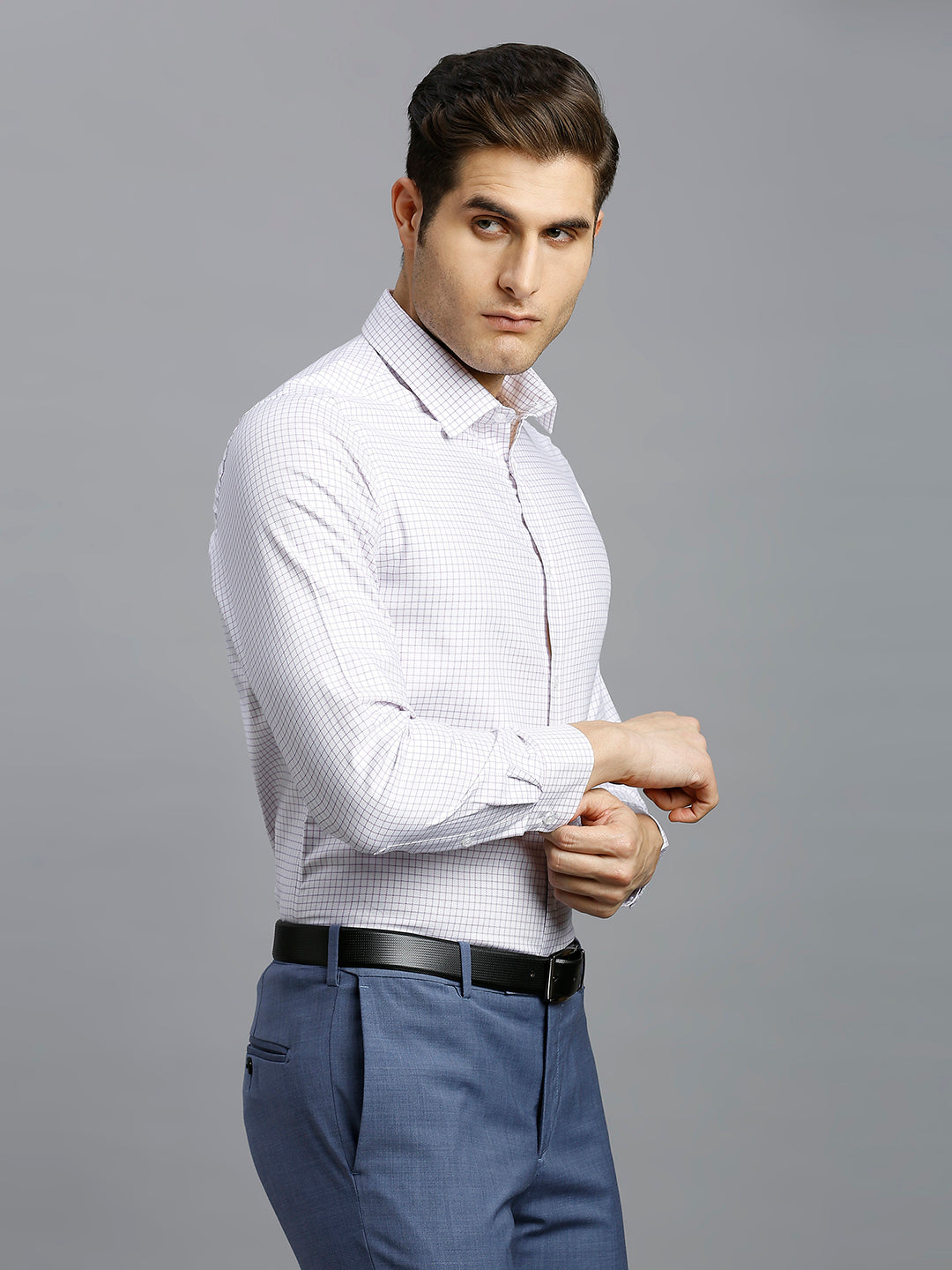White & Pink & Blue Checks 100% Cotton Slim Fit Formal Full Sleeve Shirt