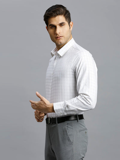 Men's Pure Cotton Checks Slim Fit Full Sleeve Formal Shirt - White & Brown