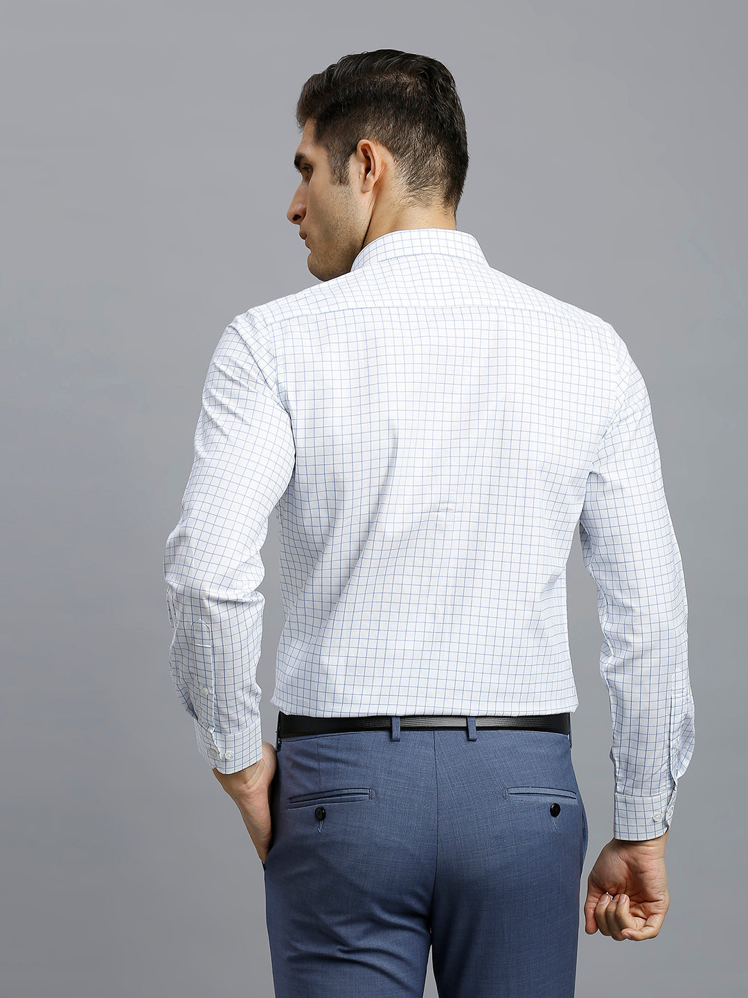 White & Light Blue Checks 100% Cotton Slim Fit Formal Full Sleeve Shirt