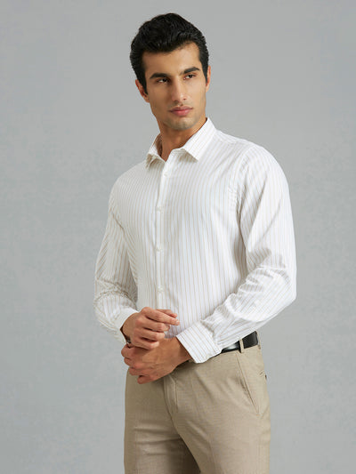 Men's Pure Cotton Stripe Stripe Slim Fit Full Sleeve Formal Shirt - White & Beige