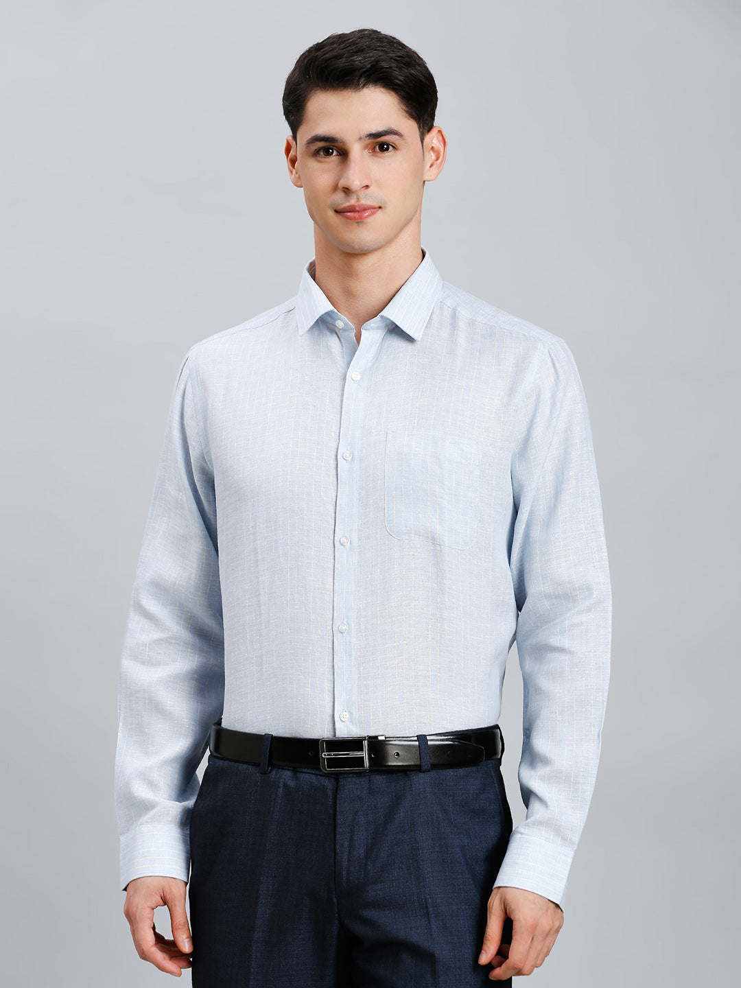 Blue & Yellow Stripe 100% Linen Regular Fit Formal Full Sleeve Shirt
