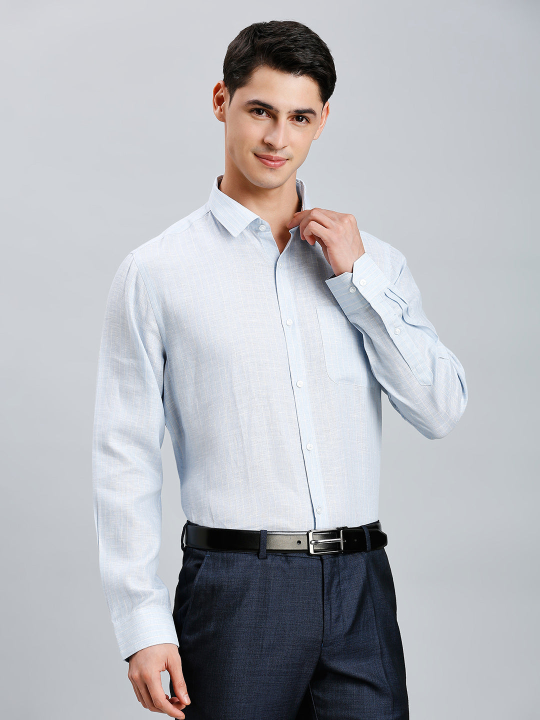 Blue & Yellow Stripe 100% Linen Regular Fit Formal Full Sleeve Shirt