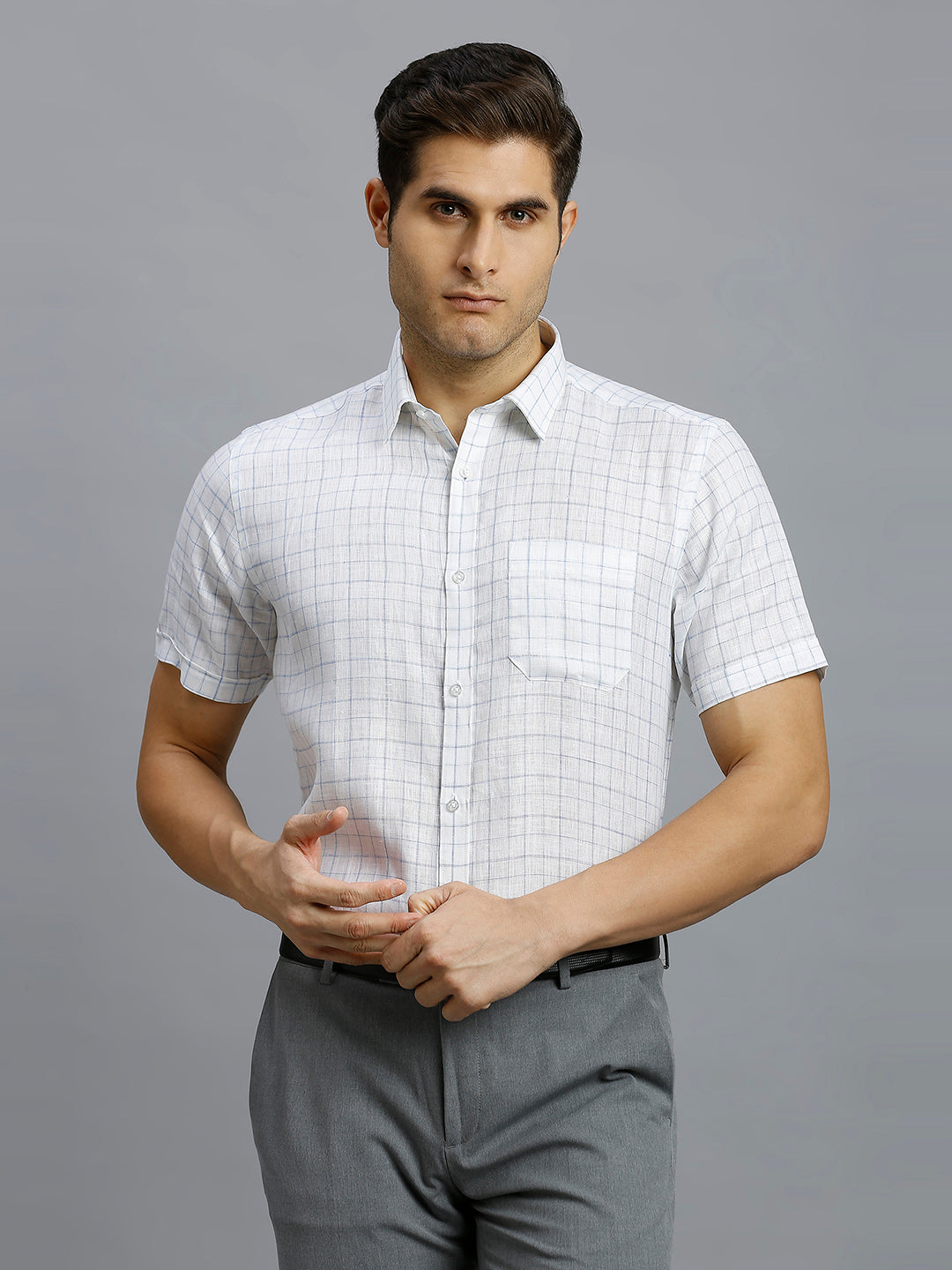 White & Blue Checks 100% Linen Regular Fit Formal Half Sleeve Shirt