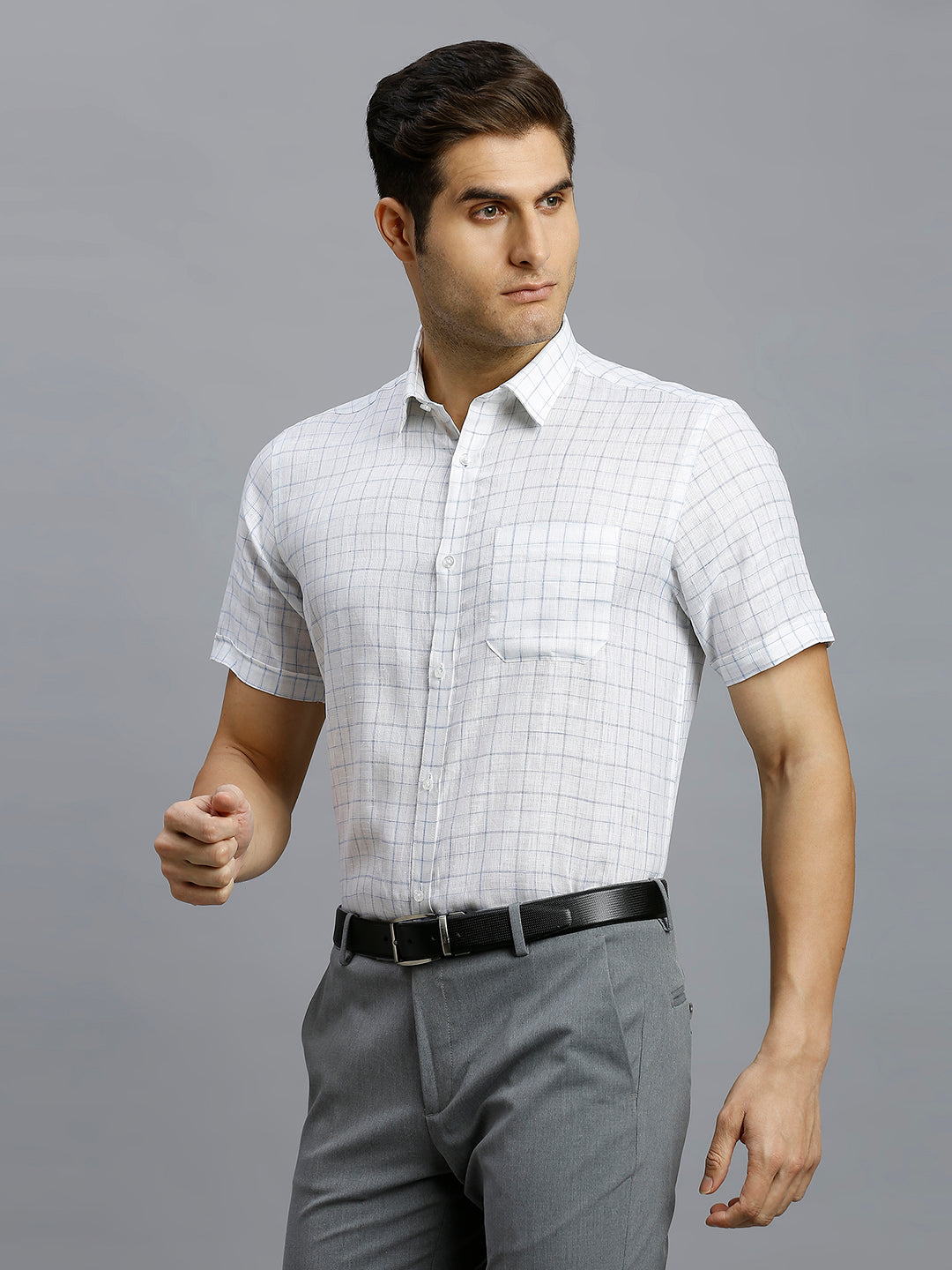 White & Blue Checks 100% Linen Regular Fit Formal Half Sleeve Shirt