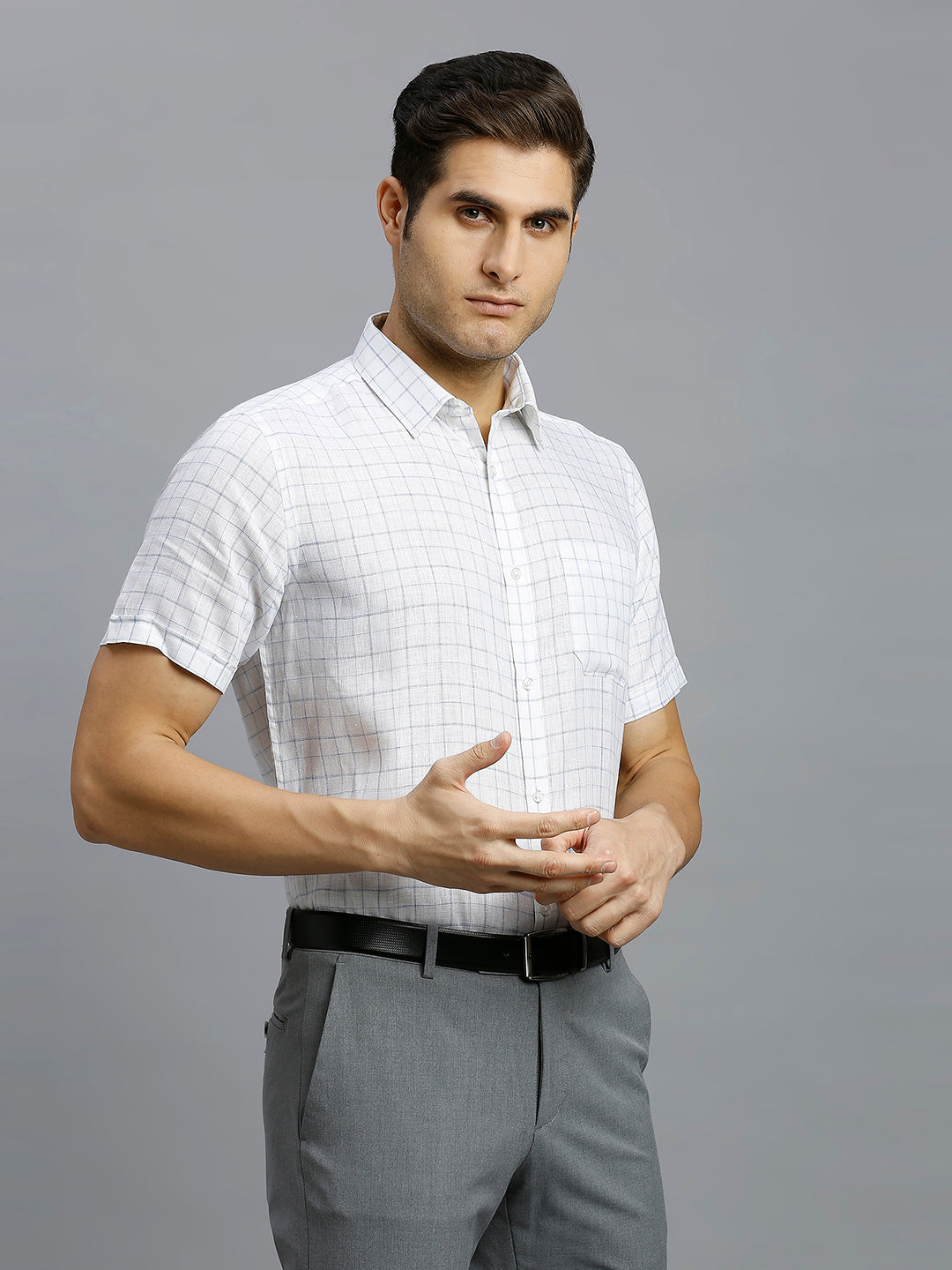 White & Blue Checks 100% Linen Regular Fit Formal Half Sleeve Shirt
