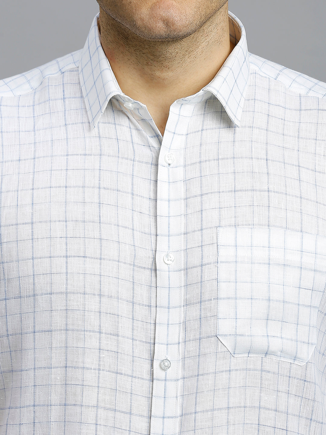 White & Blue Checks 100% Linen Regular Fit Formal Half Sleeve Shirt