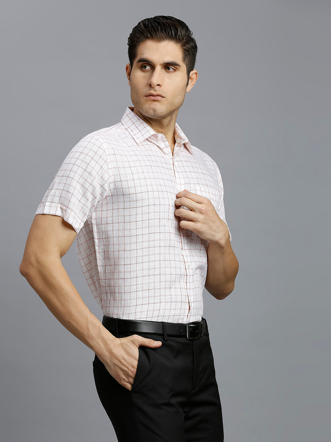 White Red Checks 100% Linen Regular Fit Formal Half Sleeve Shirt