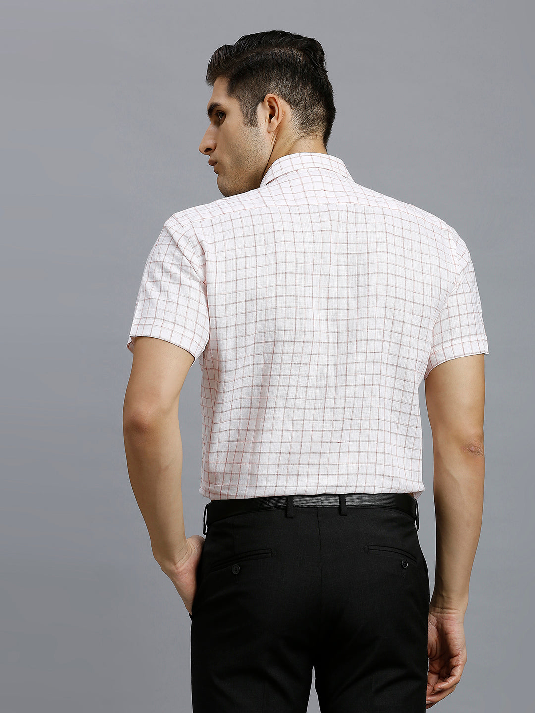 White Red Checks 100% Linen Regular Fit Formal Half Sleeve Shirt