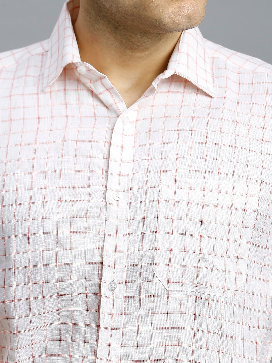 White Red Checks 100% Linen Regular Fit Formal Half Sleeve Shirt
