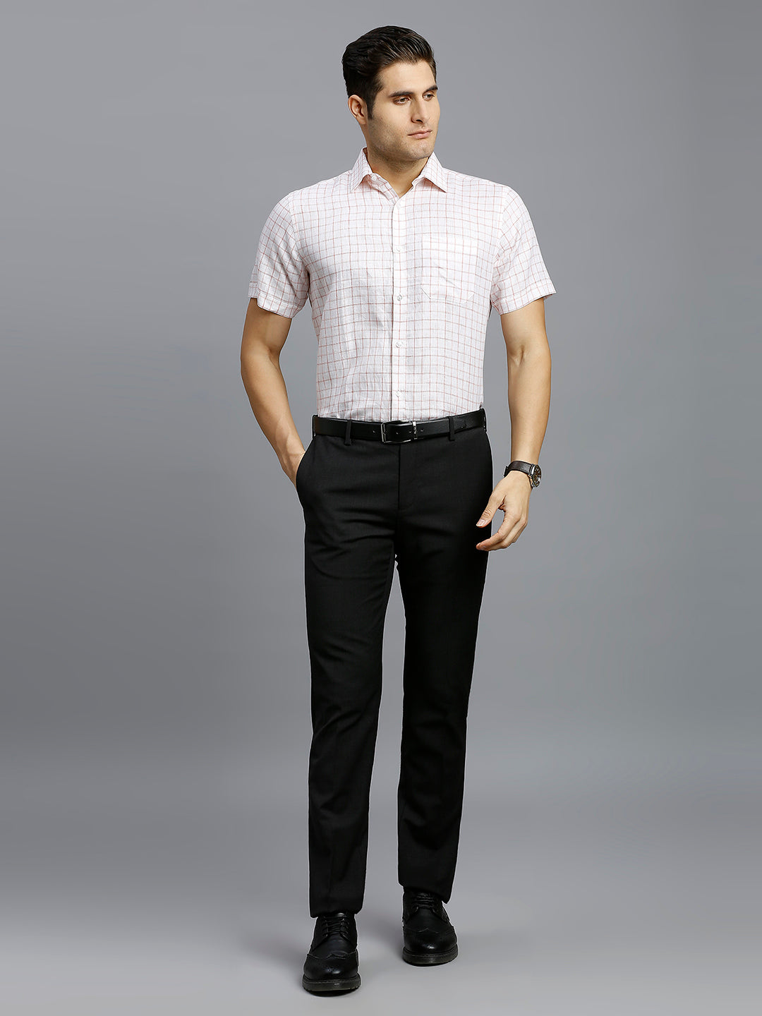 White Red Checks 100% Linen Regular Fit Formal Half Sleeve Shirt