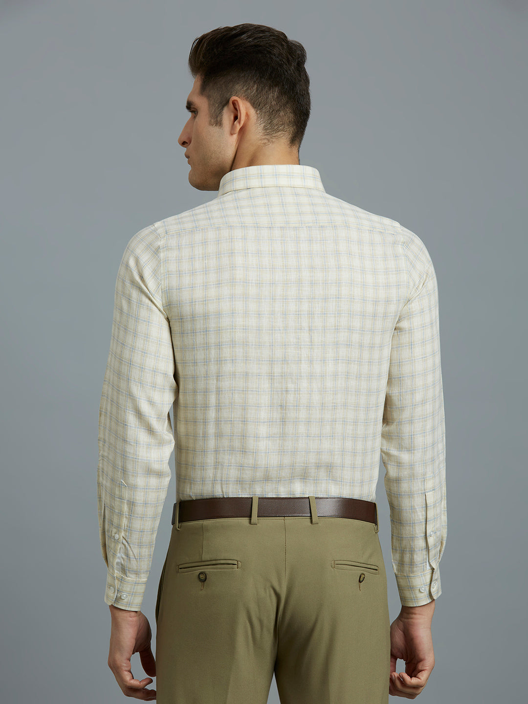 Beige & Blue Checks 100% Linen Regular Fit Formal Full Sleeve Shirt