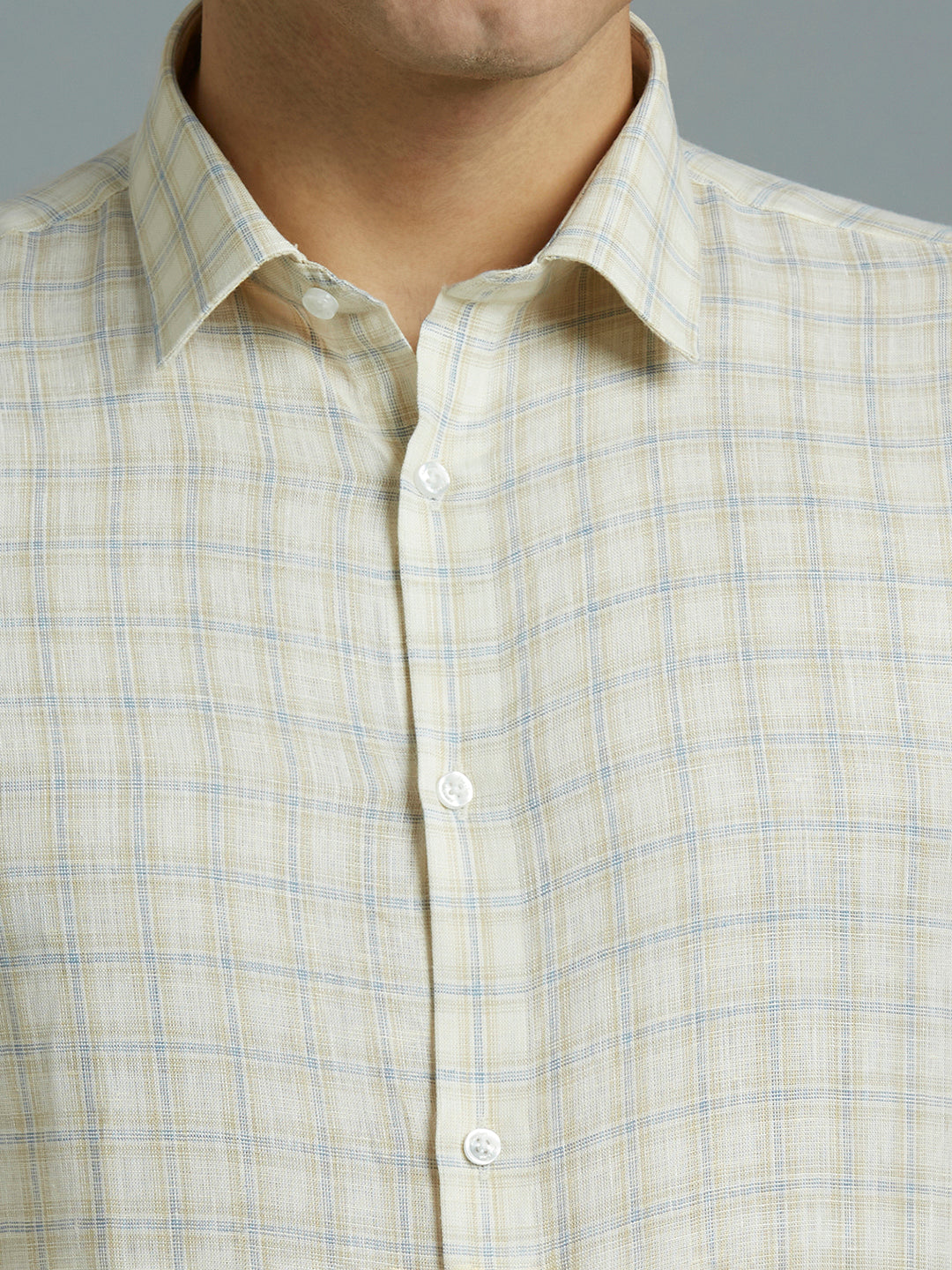 Beige & Blue Checks 100% Linen Regular Fit Formal Full Sleeve Shirt