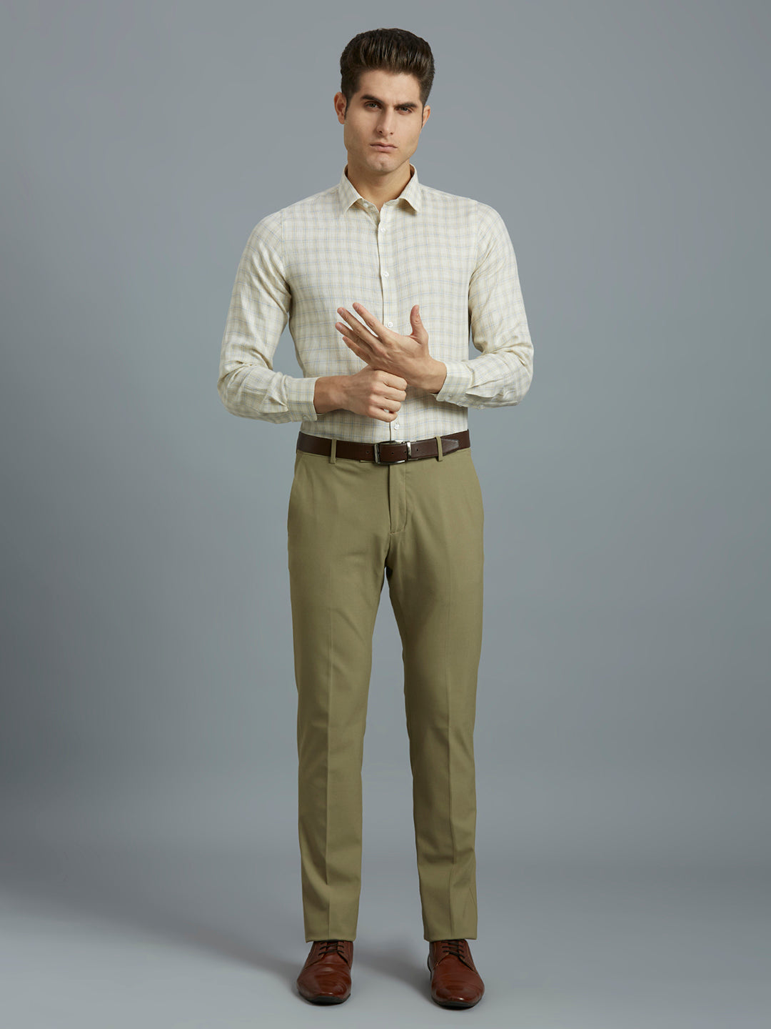 Beige & Blue Checks 100% Linen Regular Fit Formal Full Sleeve Shirt