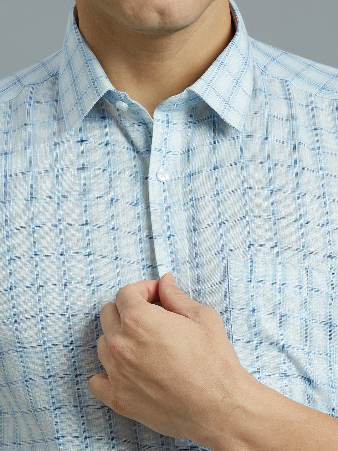 Blue & White Checks 100% Linen Regular Fit Formal Half Sleeve Shirt
