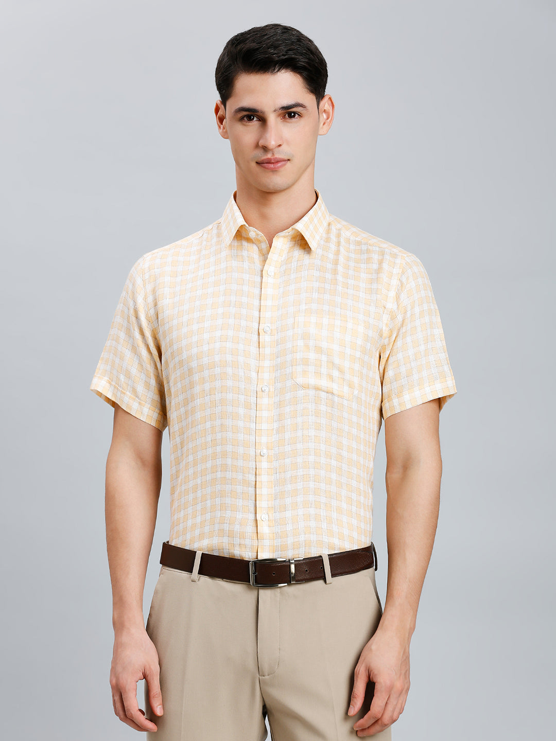 Orange & Light Grey Checks 100% Linen Regular Fit Formal Half Sleeve Shirt