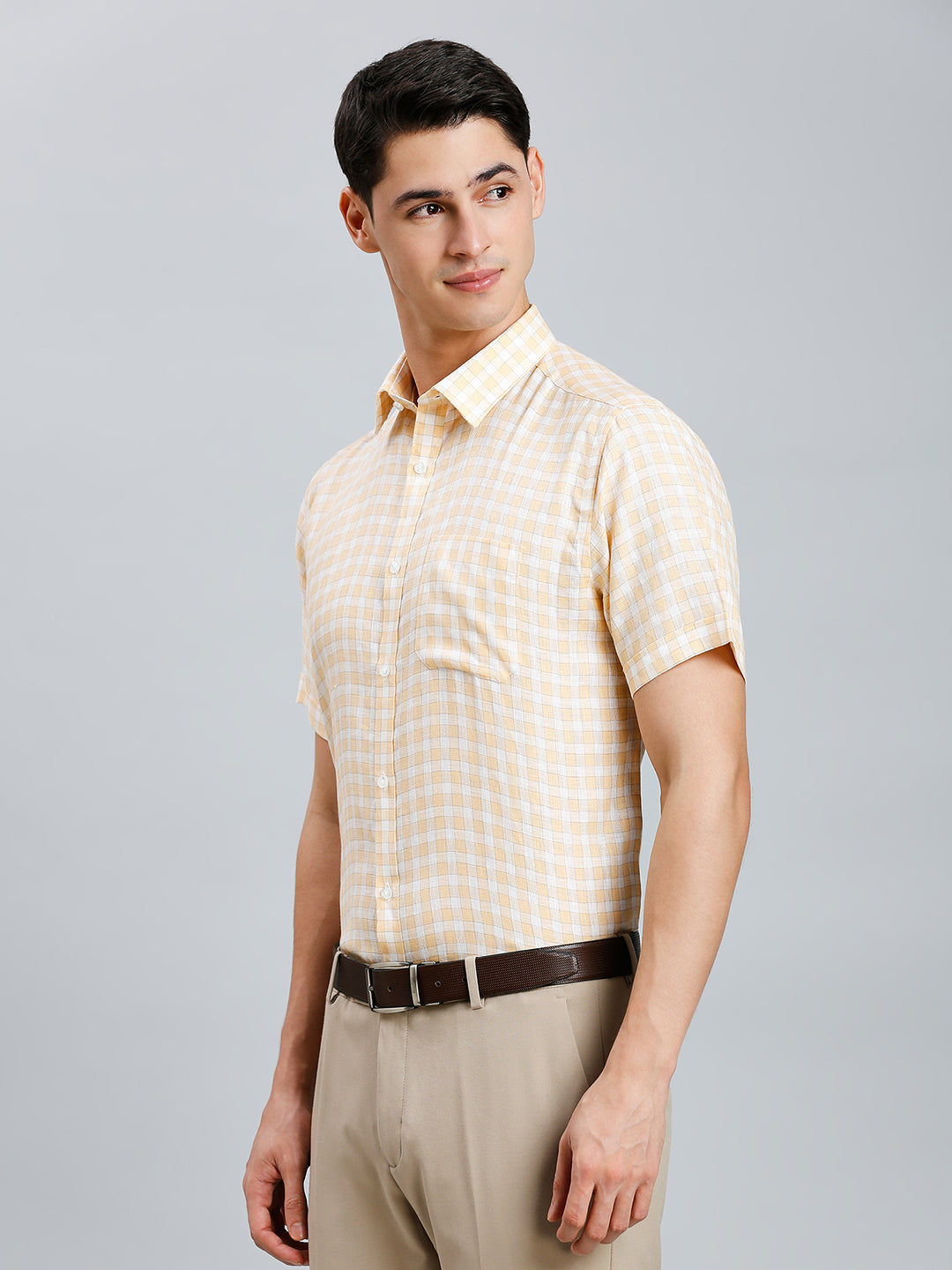 Orange & Light Grey Checks 100% Linen Regular Fit Formal Half Sleeve Shirt