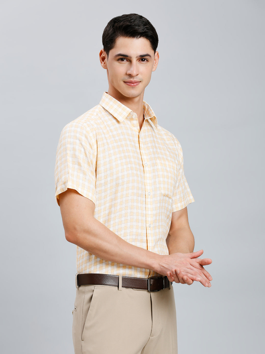 Orange & Light Grey Checks 100% Linen Regular Fit Formal Half Sleeve Shirt