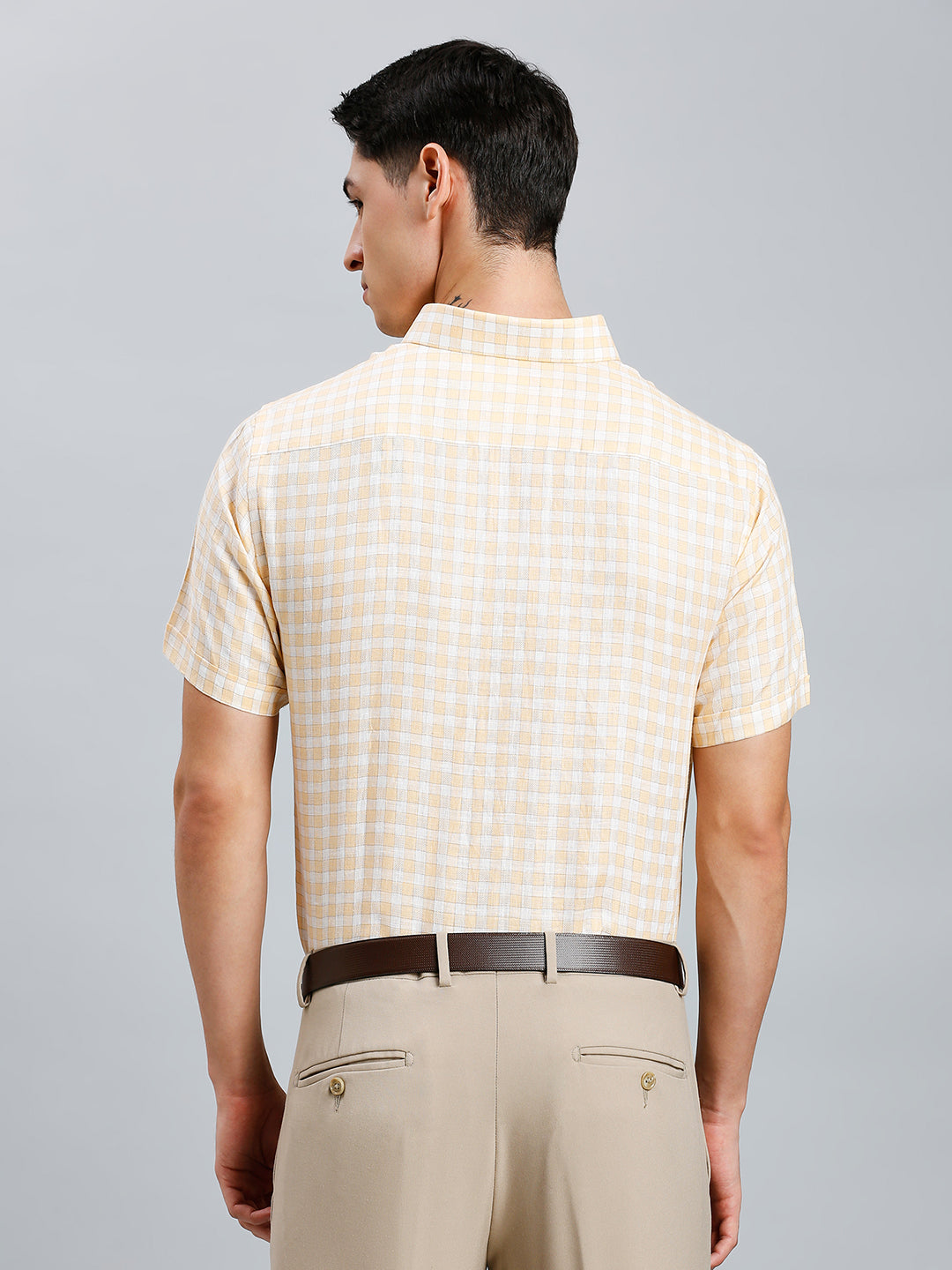 Orange & Light Grey Checks 100% Linen Regular Fit Formal Half Sleeve Shirt