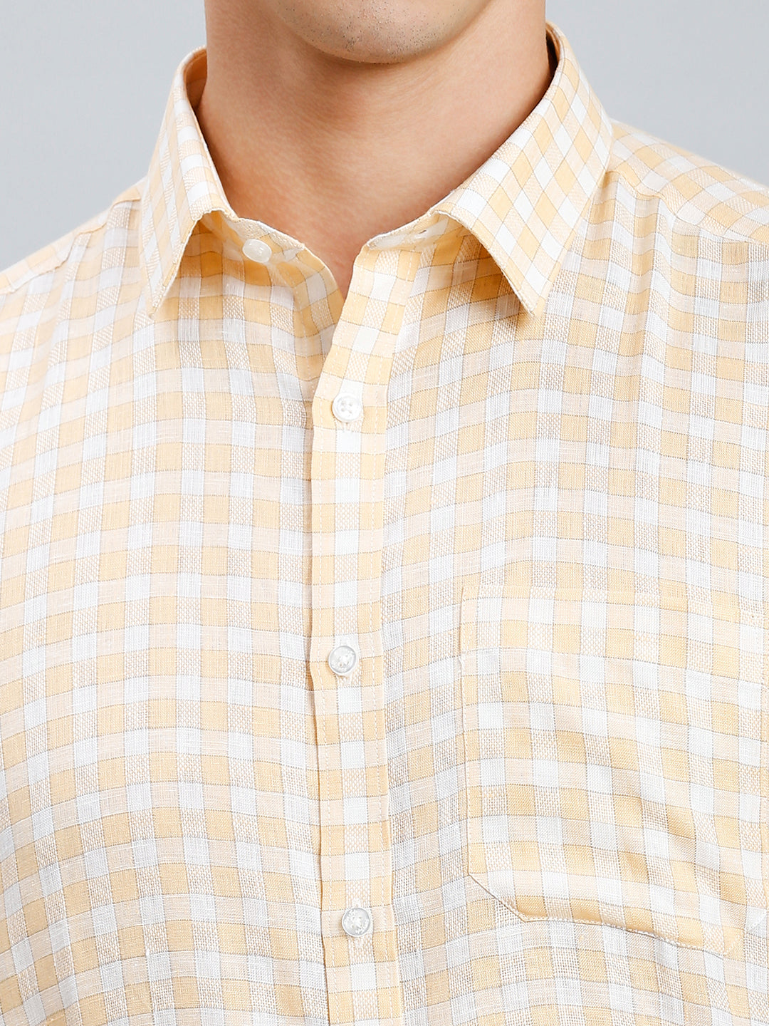 Orange & Light Grey Checks 100% Linen Regular Fit Formal Half Sleeve Shirt