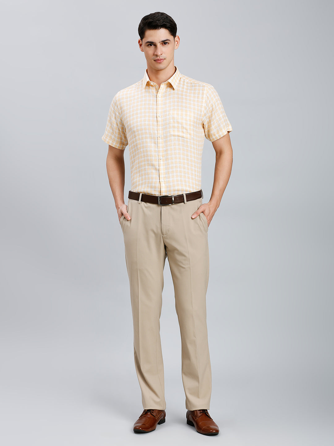 Orange & Light Grey Checks 100% Linen Regular Fit Formal Half Sleeve Shirt