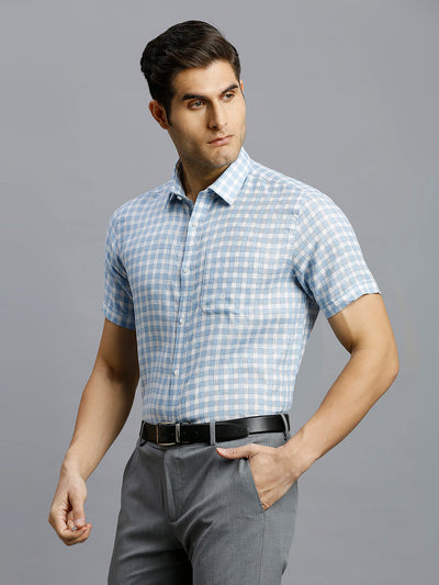 Men's Linen Checks Regular Fit Half Sleeve Formal Shirt - White & Blue