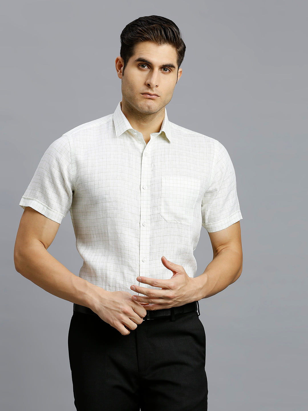 White & Green Checks 100% Linen Regular Fit Formal Half Sleeve Shirt