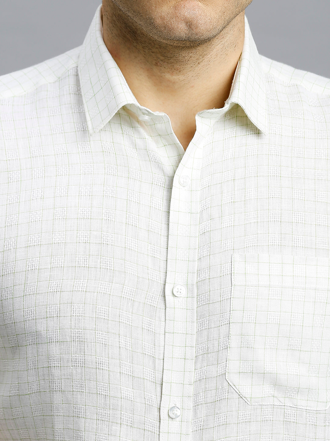 White & Green Checks 100% Linen Regular Fit Formal Half Sleeve Shirt