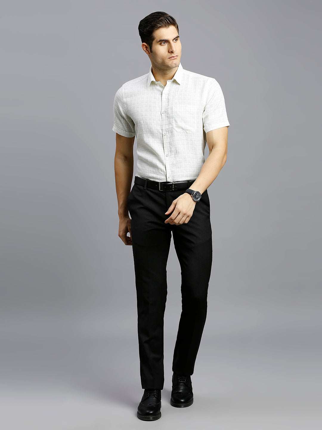 White & Green Checks 100% Linen Regular Fit Formal Half Sleeve Shirt