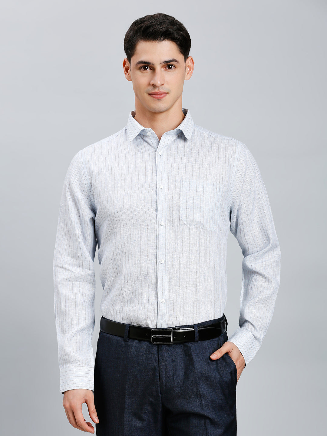 Light Blue & Brown Stripe 100% Linen Regular Fit Formal Full Sleeve Shirt