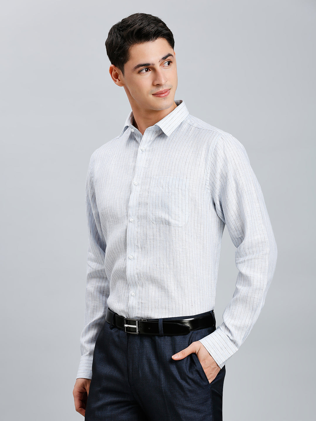Light Blue & Brown Stripe 100% Linen Regular Fit Formal Full Sleeve Shirt