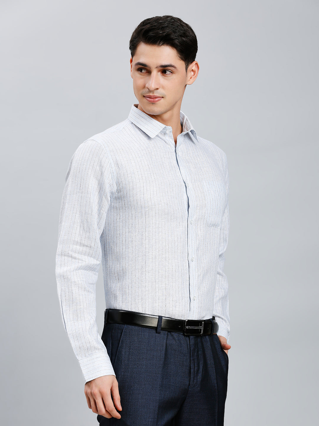 Light Blue & Brown Stripe 100% Linen Regular Fit Formal Full Sleeve Shirt