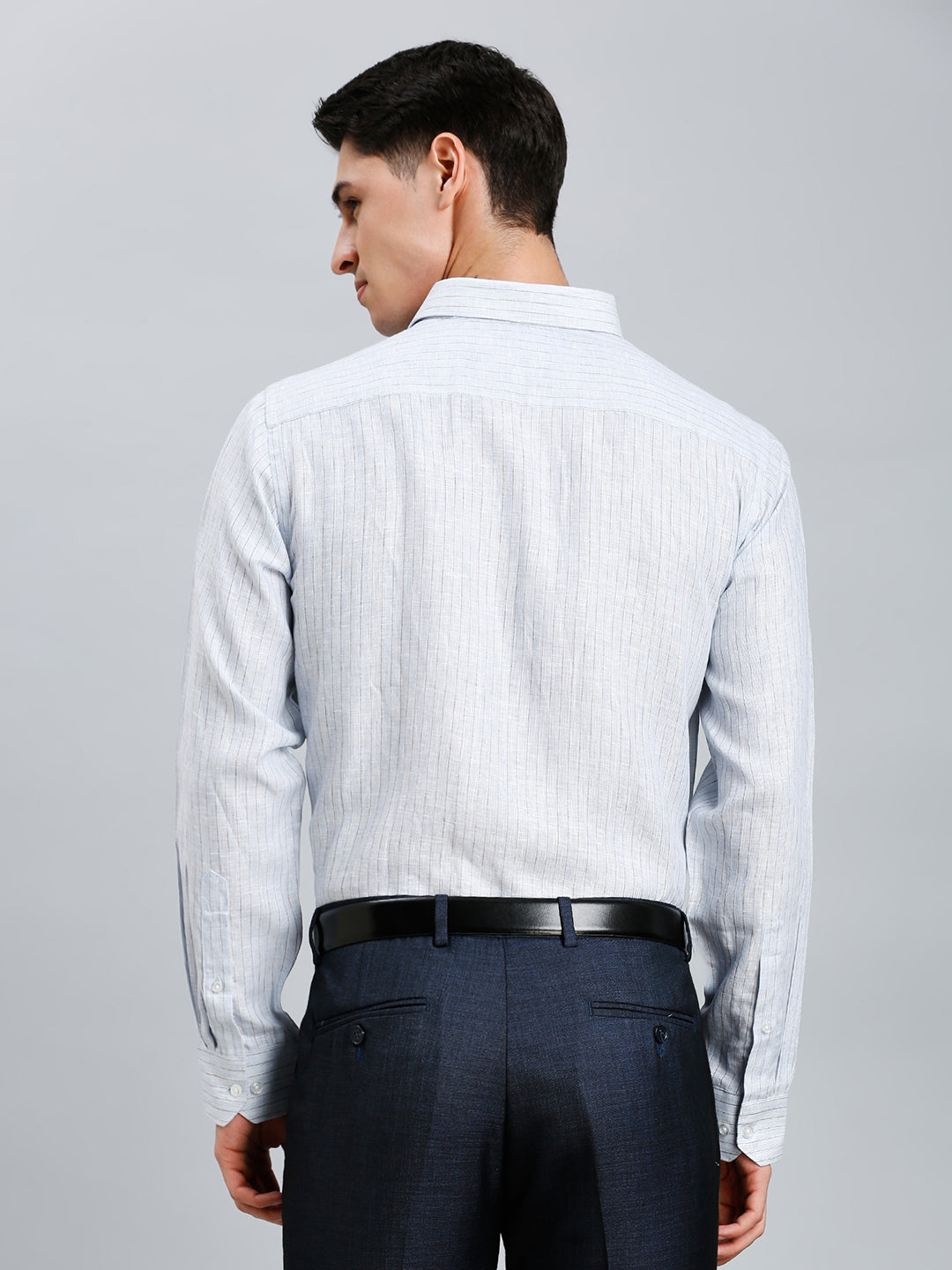Light Blue & Brown Stripe 100% Linen Regular Fit Formal Full Sleeve Shirt