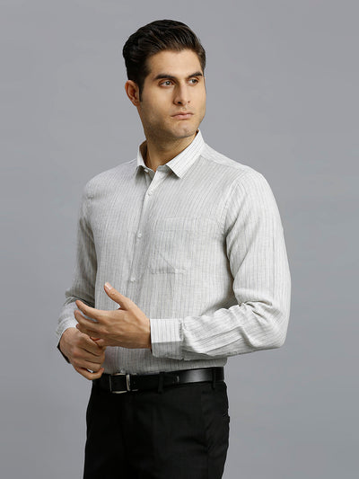 Men's Linen Stripe Stripe Regular Fit Full Sleeve Formal Shirt - White & Green